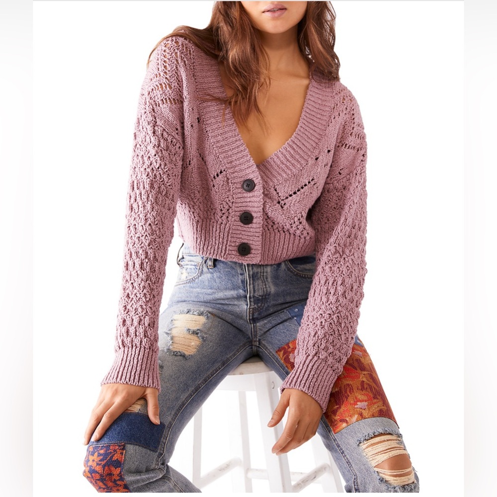 Free People Cropped Chloe Cardigan Medium Pressed Flowers - Picture 7 of 13